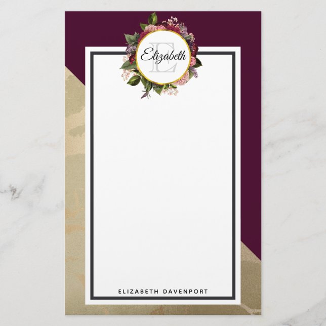 Gold Marble Pattern and Burgundy Florals Monogram Stationery (Front)