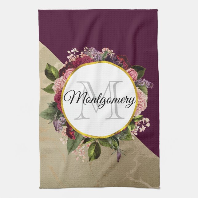 Gold Marble Pattern and Burgundy Florals Monogram Tea Towel (Vertical)