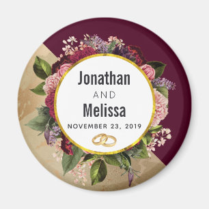 Gold Marble Pattern and Burgundy Florals Wedding Magnet