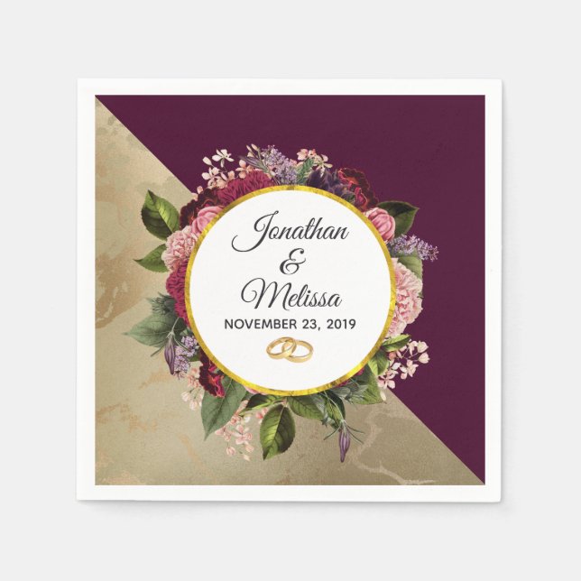 Gold Marble Pattern and Burgundy Florals Wedding Napkin (Front)