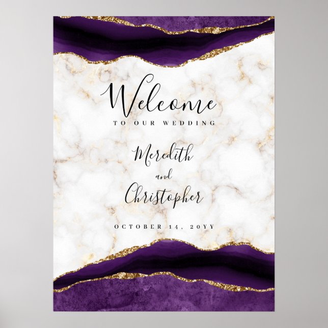 Gold Marble Purple Agate Wedding Welcome Poster (Front)