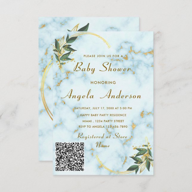 Gold Marble QR Code Baby Shower Invitation Example (Front/Back)