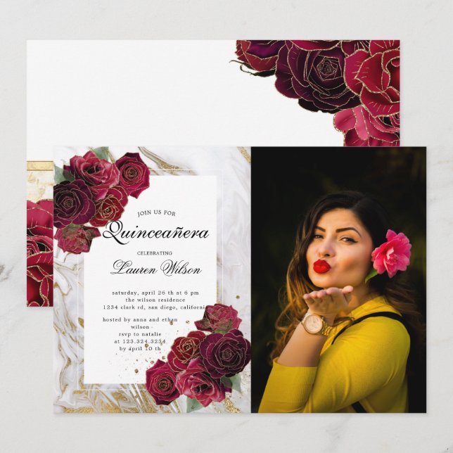 gold marble roses floral  Quinceanera Photo  Invit Invitation (Front/Back)