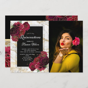 gold marble roses floral Quinceanera Photo Invitation