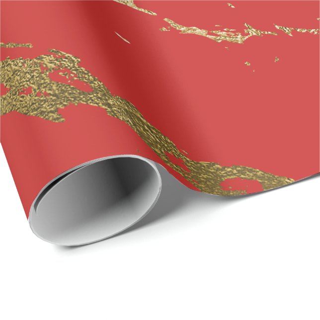 Gold Marble Shiny Glam Vivid Bright Red Wrapping Paper (Roll Corner)