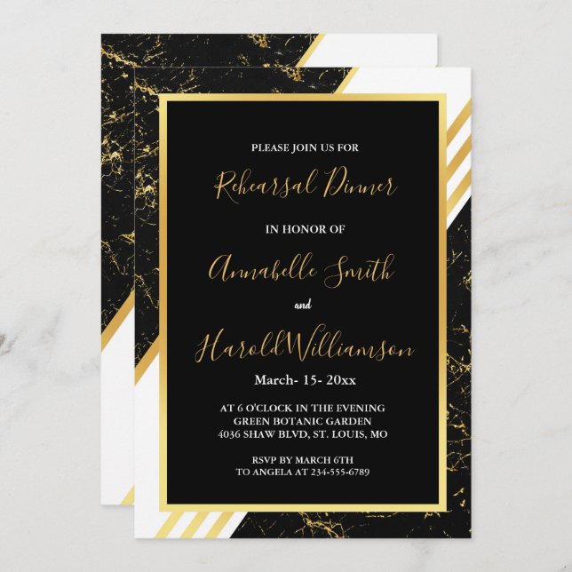 Gold marble stripes typography bl Rehearsal Dinner Invitation (Front/Back)