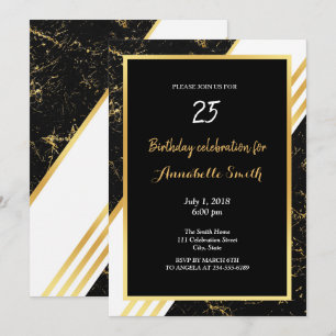 Gold marble stripes typography black Birthday Invitation