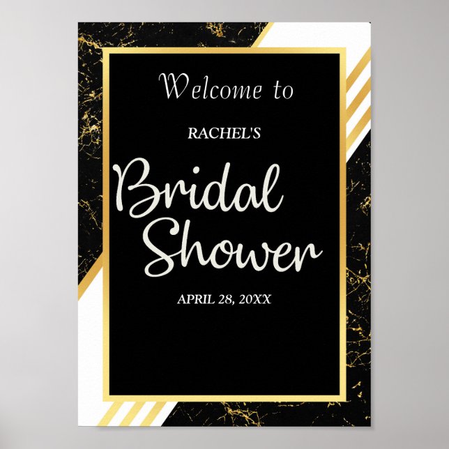 Gold marble stripes typography black Bridal Shower Poster (Front)