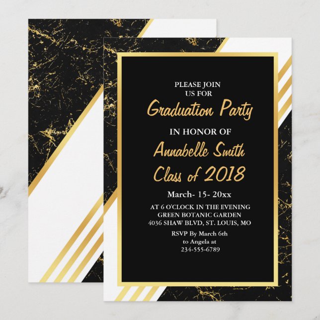 Gold marble stripes typography black Graduation Invitation (Front/Back)