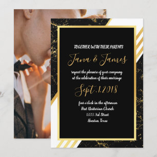 Gold marble stripes typography black invitation
