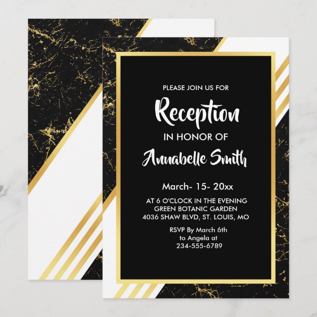 Gold marble stripes typography black Reception Invitation (Front/Back)