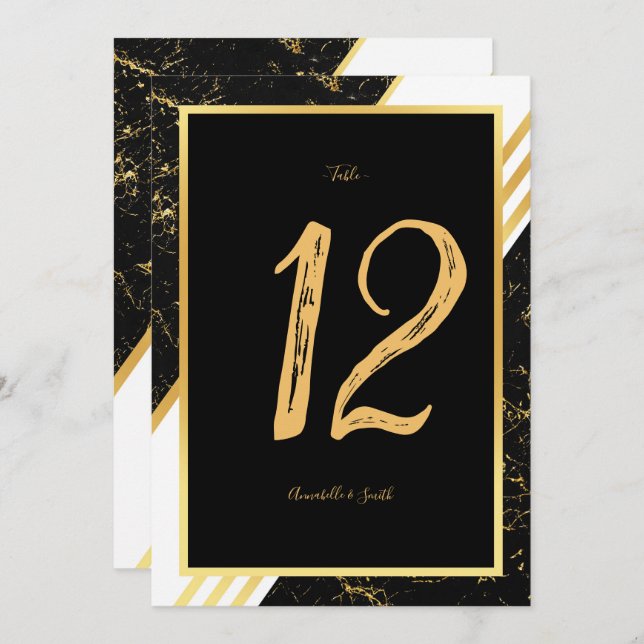 Gold marble stripes typography black table number (Front/Back)