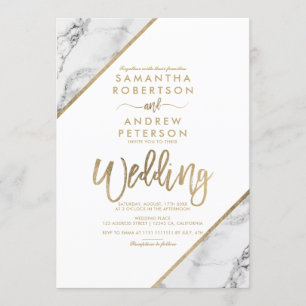 Gold marble stripes typography white wedding invitation