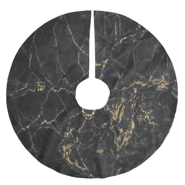 Gold Marbling Black Background Texture Brushed Polyester Tree Skirt (Front)