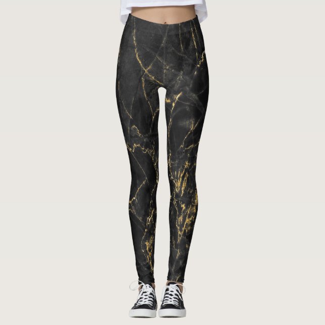 Gold Marbling Black Background Texture Leggings (Front)