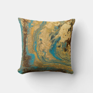 Gold marbling: blue marble texture. cushion