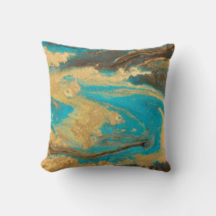 Gold marbling texture design. Blue and golden marb Cushion