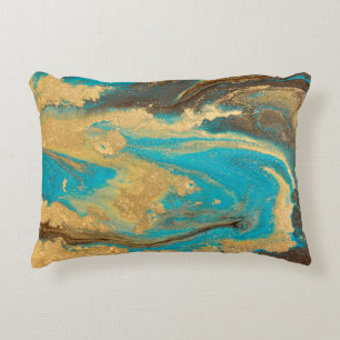 Gold marbling texture design. Blue and golden marb Decorative Cushion