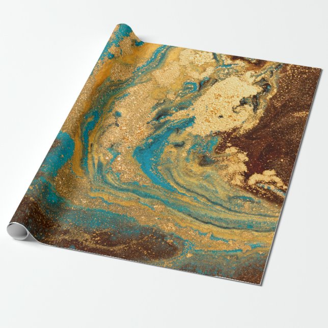 Gold marbling texture design. Blue and golden marb Wrapping Paper (Unrolled)
