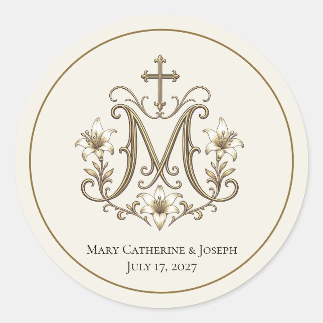Gold Marian Cross Monogram Classic Round Sticker (Front)