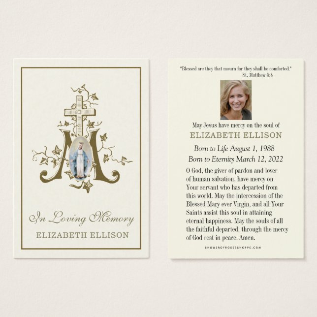 Gold Marian Cross Virgin Mary Funeral Prayer Card (Front & Back)