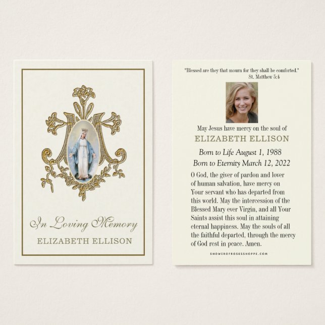 Gold Marian Cross Virgin Mary Funeral Prayer Card (Front & Back)