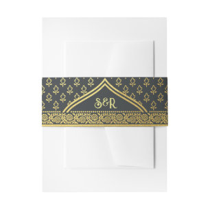 Gold Marigold Flower Mundap Arch Monogram Wedding Invitation Belly Band