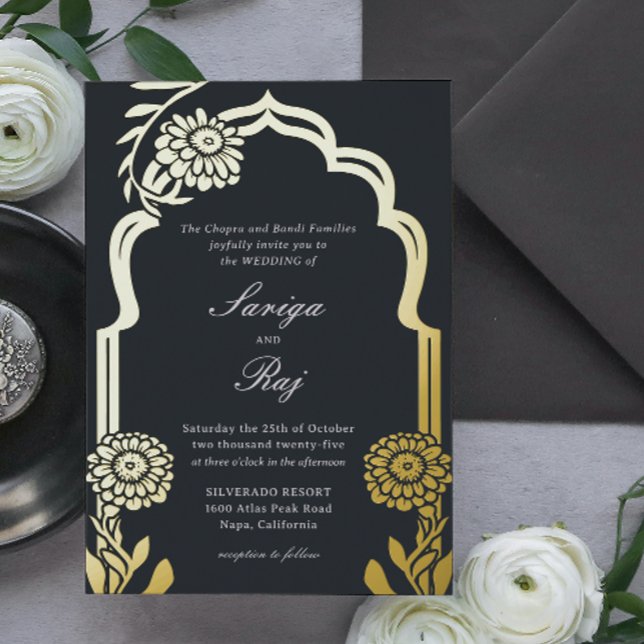 Gold Marigold Indian Wedding Invitation (indian wedding invitation, hindu wedding invitation, gold foil marigold floral mundap canopy arch)