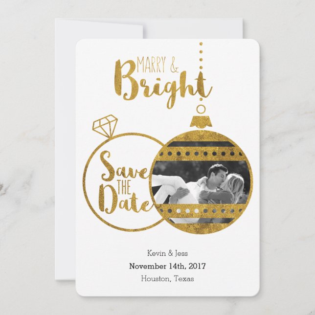 Gold, Marry and Bright Christmas Save the Dates Date (Front)