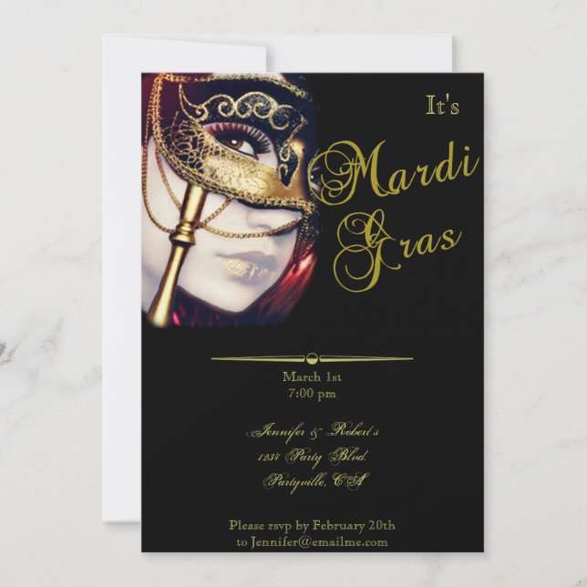 Gold Mask on Black Mardi Gras Party Invitation (Front)