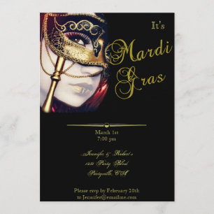 Gold Mask on Black Mardi Gras Party Invitation