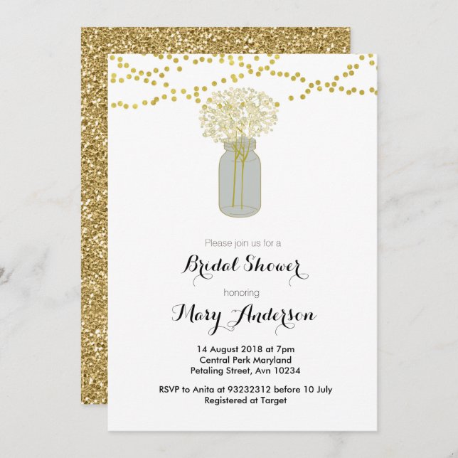 Gold Mason Jar Bridal Shower Invitation (Front/Back)