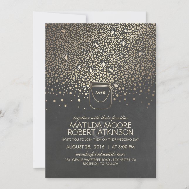 Gold Mason Jar Fireflies Rustic Wedding Invitation (Front)