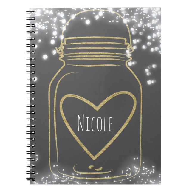 Gold Mason Jar & Lights Rustic Glam Any Colour Notebook (Front)