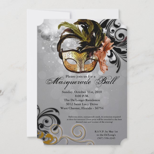 Gold Masquerade Ball Mask Costume Halloween Part Invitation (Front)
