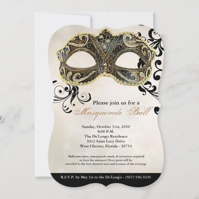Gold Masquerade Ball Mask Costume Halloween Part Invitation (Front)