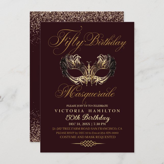 Gold Masquerade Birthday Burgundy Mask Invitation (Front/Back)