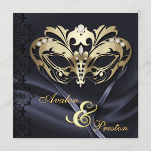 Gold Masquerade Black Jewelled Wedding Invitation
