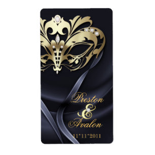 Gold Masquerade Black Jewelled Wedding Wine Label