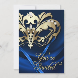 Gold Masquerade Blue Jewelled Party Invitation