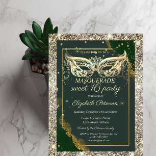 Gold Masquerade Glitter Green Sweet 16 Invitation