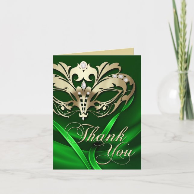Gold Masquerade Green Thank You Card (Front)