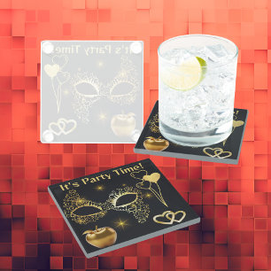 Gold Masquerade It's Party Time   Glass Coaster