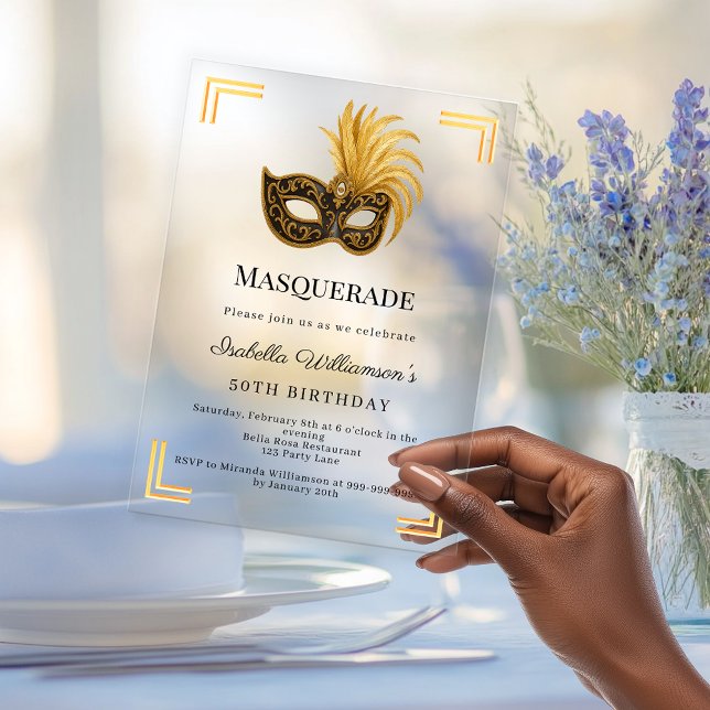 Gold Masquerade luxury clear birthday party Acrylic Invitations (Creator Uploaded)