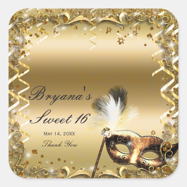 Gold Masquerade Mask Elegant Ball Birthday Party Square Sticker (Front)