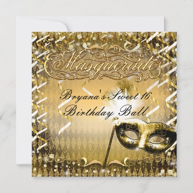 Gold Masquerade Mask Elegant Birthday Party Invitation (Front)