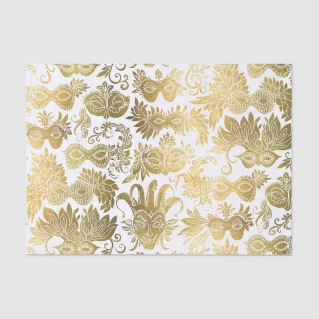 Gold Masquerade Masks on White Pattern Tissue Paper (Front)