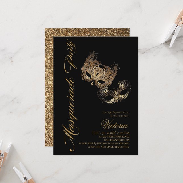 Gold Masquerade Party Birthday Invitation (Front/Back In Situ)