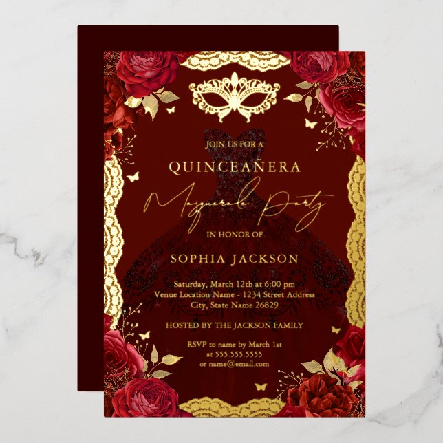 Gold Masquerade Party Red Rose Dress Quinceanera (Front/Back)