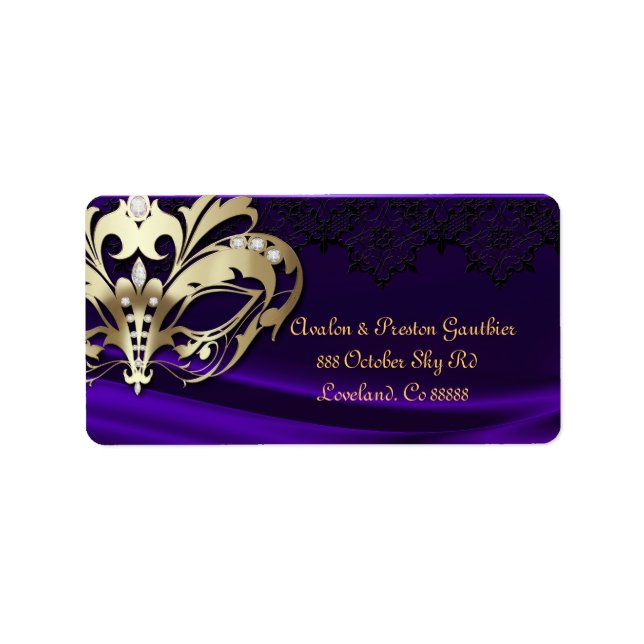 Gold Masquerade Purple Jewel Wedding Address Label (Front)